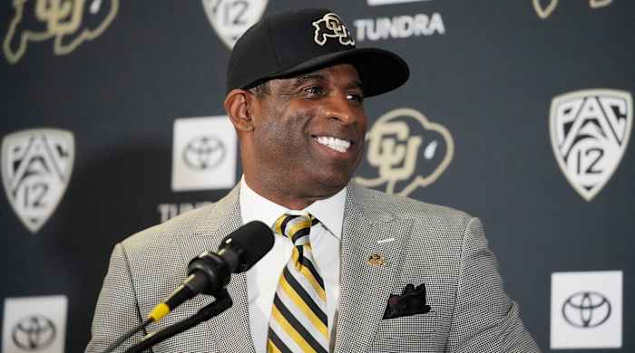 Deion Sanders speaks after being introduced as the new head football coach at Colorado.